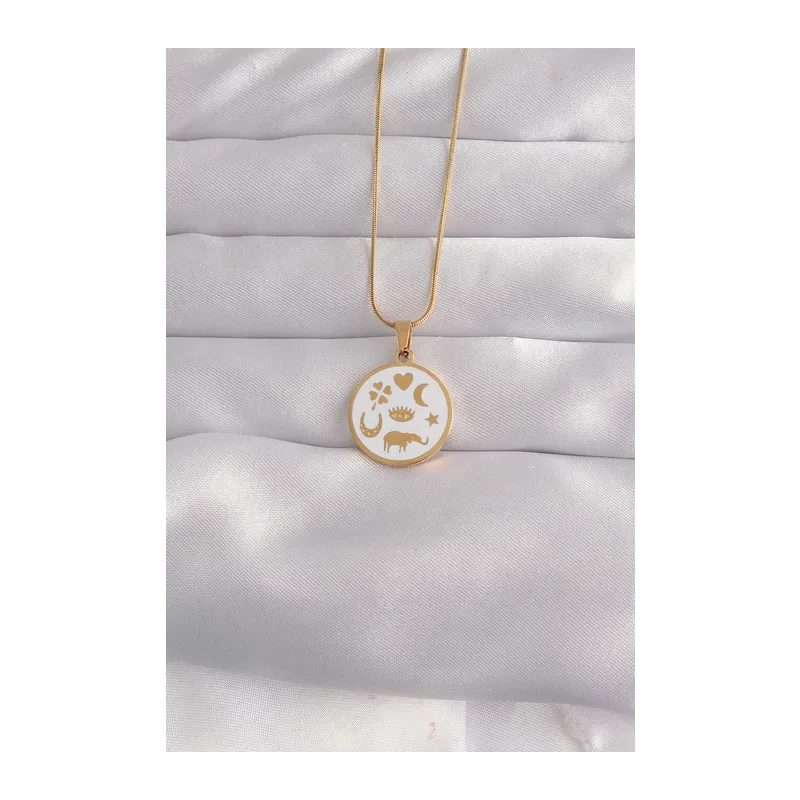 316L Çelik Gold Renk Beyaz Mineli Karışık Figürlü Tarot Kolye
