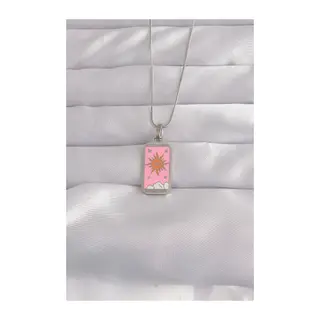 316L Çelik Gümüş Renk Pembe Mineli Güneş Model Tarot Kolye