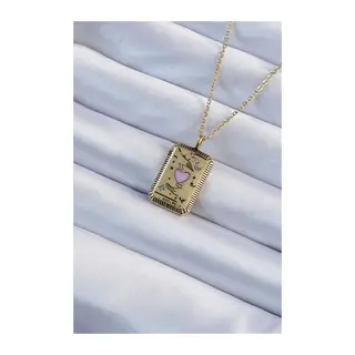 316L Çelik Zincir Eskitme Gold Renk Pembe Mineli Kalp Figürlü Tarot Kolye