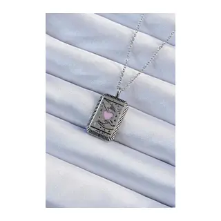 316L Çelik Zincir Eskitme Gümüş Renk Pembe Mineli Kalp Figürlü Tarot Kolye