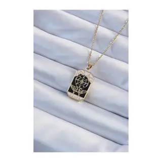 316L Çelik Zincir Gold Renk İşlemeli Siyah Mineli Tarot Kolye