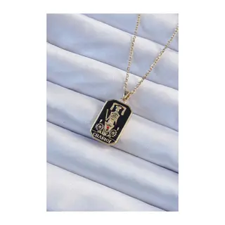 316L Çelik Zincir Gold Renk Siyah Mineli Tarot Kolye