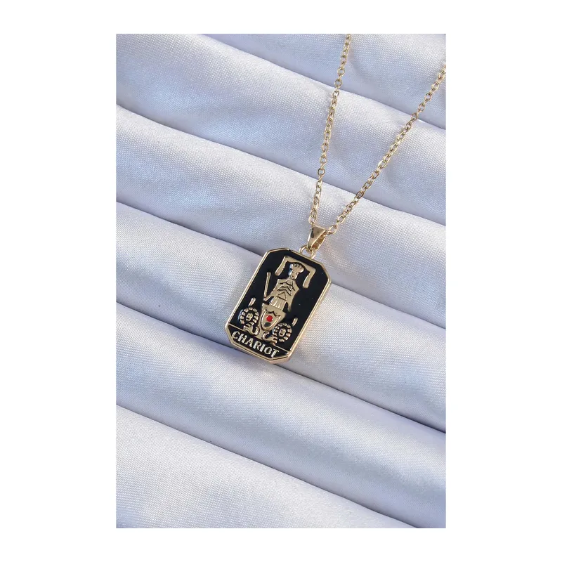 316L Çelik Zincir Gold Renk Siyah Mineli Tarot Kolye