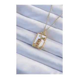 316L Çelik Zincir Gold Renk Beyaz Mineli Tarot Kolye