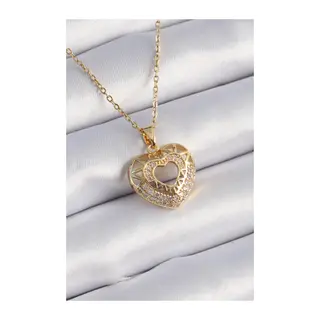 316L Çelik Gold Renk Zirkon Taşlı Kalp Model Vintage Kadın Kolye