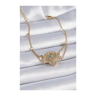 316L Çelik Gold Renk Mavi Taşlı Etnik Desen Kadın Bileklik