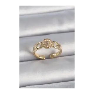 Pirinç Gold Renk Zirkon Taşlı İncili Kalp İşleme Detay Ayarlanabilir Kadın Yüzük