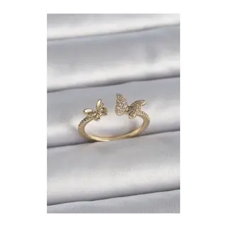 Pirinç Gold Renk Ayarlanabilir Zirkon Taşlı Kelebek Model Kadın Yüzük