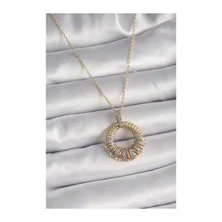 316L Çelik Gold Renk Zincir Gümüş Zirkon Taşlı Daire Model Kadın Kolye