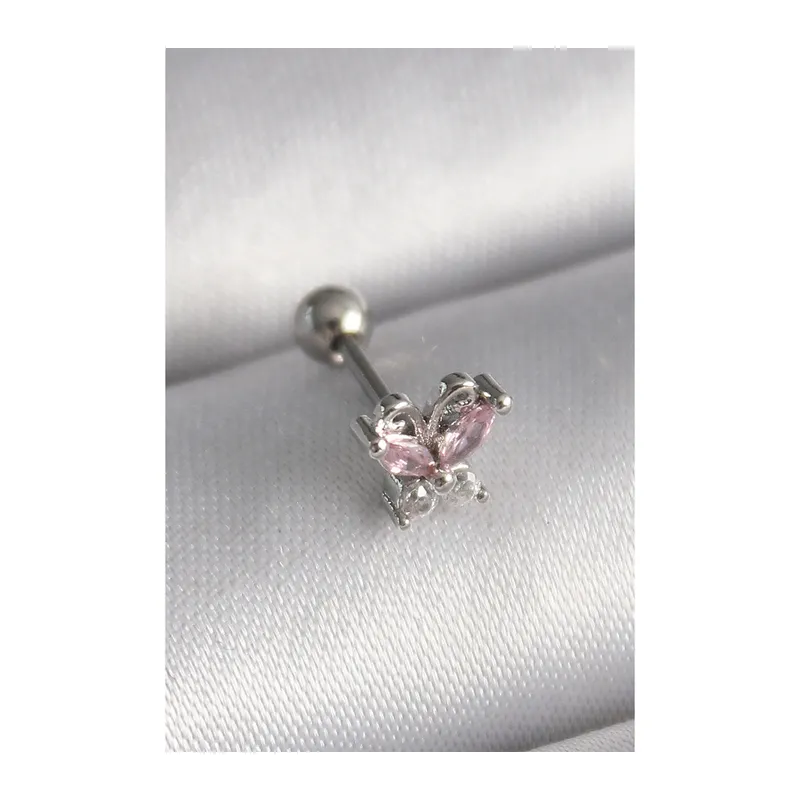 316L Çelik Gümüş Renk Pembe Zirkon Taşlı Kelebek Tragus Piercing