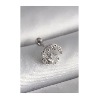 316L Çelik Gümüş Renk Zirkon Taşlı Ay Yıldız Tragus Piercing