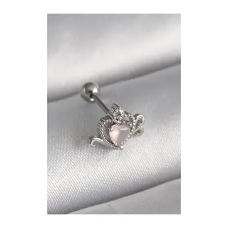 316L Çelik Gümüş Renk Pembe Mineli Kalp Zirkon Taş Detay Tragus Piercing