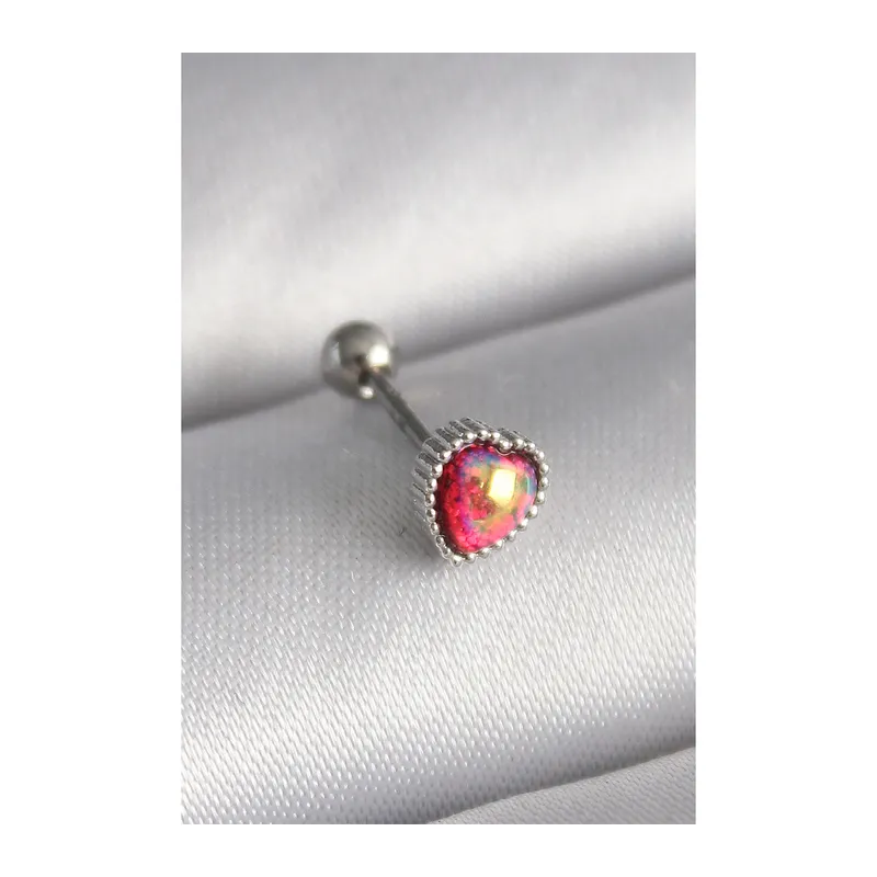316L Çelik Gümüş Renk Kırmızı Mineli Kalp Tragus Piercing