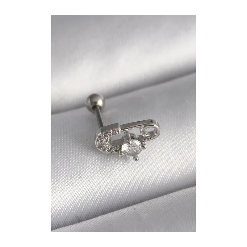 316L Çelik Gümüş Renk Zirkon Taşlı Toplu İğne Tragus Piercing