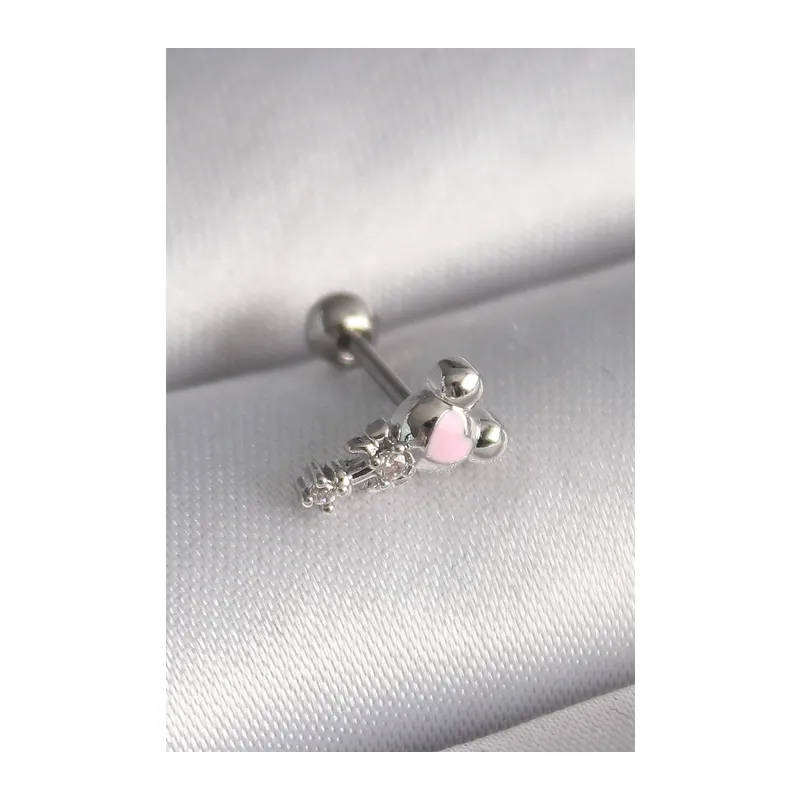 316L Çelik Gümüş Renk Zirkon Taş Detay Pembe Kalp İşleme Tragus Piercing