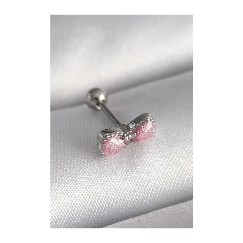316L Çelik Gümüş Renk Pembe Kurdele Zirkon Taş Detay Tragus Piercing