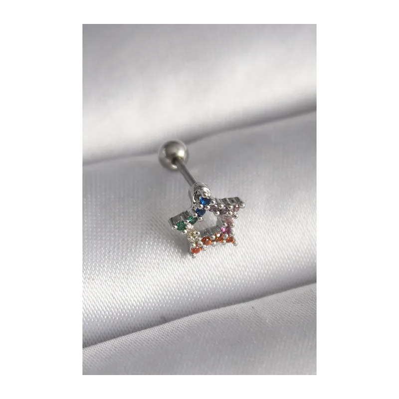 316L Çelik Gümüş Renk Renkli Zirkon Taşlı Yıldız Model Tragus Piercing