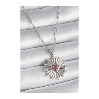 316L Çelik Gümüş Renk Pembe Zirkon Taşlı Kalp İşleme Madalyon Model Kadın Kolye
