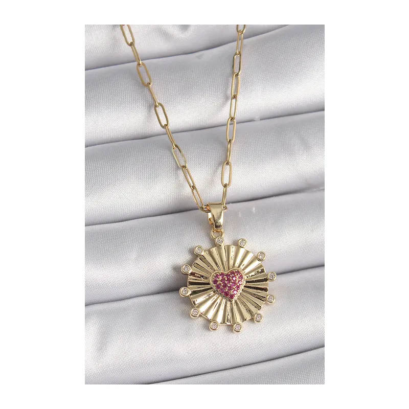 316L Çelik Gold Renk Pembe Zirkon Taşlı Kalp İşleme Madalyon Model Kadın Kolye
