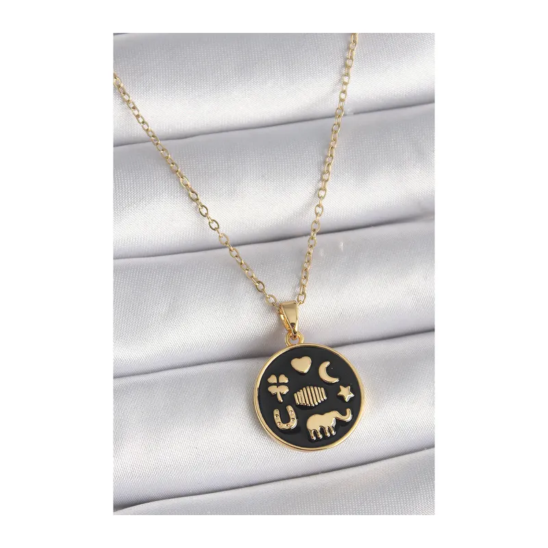 316L Çelik Gold Renk Siyah Şans Kolyesi