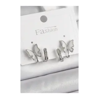 Pirinç Gümüş Renk Zirkon Taş Detaylı Beyaz Sedefli Kelebek Model Kadın Küpe