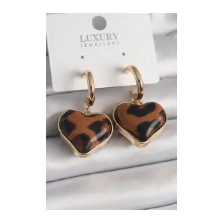 Pirinç Gold Renk 3D Kalp Leopar Desen Model Kadın Küpe