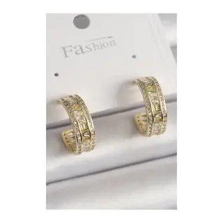 Pirinç Gold Renk Zirkon Taşlı İşleme Detay Halka Model Kadın Küpe