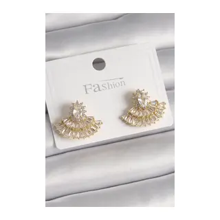 Pirinç Gold Renk Zirkon Taşlı Yelpaze Model Kadın Küpe