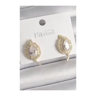 Pirinç Gold Renk Zirkon Taşlı Yaprak Model Kadın Küpe