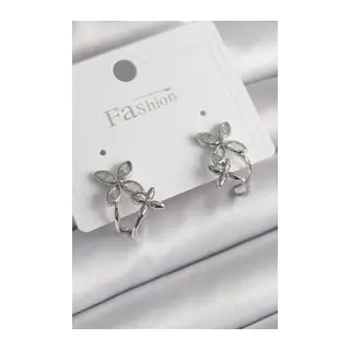 Pirinç Gümüş Renk Zirkon Taşlı 2'Li Çiçek Model Kadın Küpe