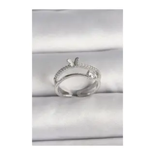 Pirinç Gümüş Renk Zirkon Taşlı Kelebek Figürlü Ayarlanabilir Yüzük