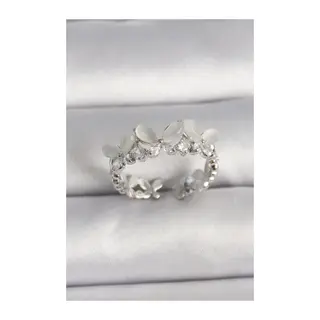 Pirinç Gümüş Renk Zirkon Taşlı Beyaz Mineli Kelebek Model Ayarlanabilir Yüzük