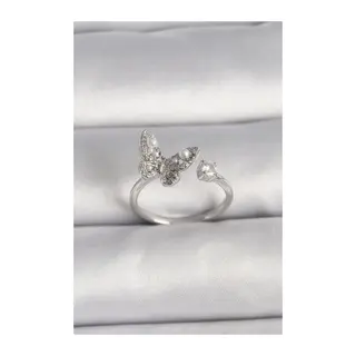 Pirinç Gümüş Renk Zirkon Taşlı Kelebek Model İnci Detay Ayarlanabilir Yüzük
