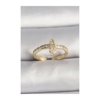 Pirinç Gold Renk Zirkon Taşlı İnci Detay Kilit Kalp Figür Ayarlanabilir Yüzük