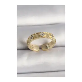 Pirinç Gold Renk Zirkon Taşlı Yonca İşlemeli Ayarlanabilir Yüzük