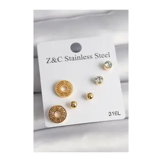 316L Çelik Gold Renk Zirkon Taşı Labirent Model Kadın Küpe Seti
