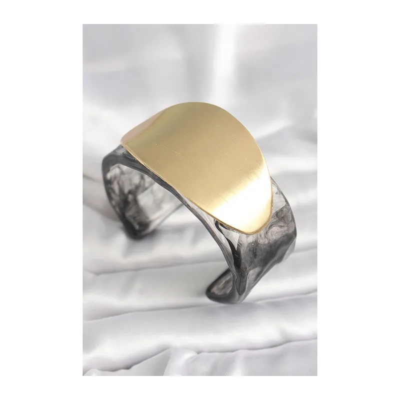 Siyah Mermer Desen Akrilik Plastik Gold Oval Plaka Model Vintage Kadın Bilezik
