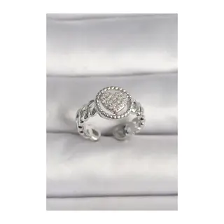 Pirinç Gümüş Renk Zincir Model Zirkon Taşlı Kalp Model Kadın Yüzük
