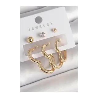 Pirinç Gold Renk Kalp Model Zirkon Taşlı Topçuk Detay Kadın Küpe Seti