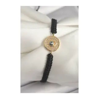 Pirinç Gold Renk Zirkon Taşlı Nazar Boncuk İşleme Makrome Asansörlü Model Kadın Bileklik