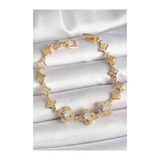 Pirinç Gold Renk Zirkon Taşlı Yonca Model Kadın Bileklik