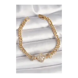 Pirinç Gold Renk Zirkon Taşlı Yonca Figür Zincir Model Kadın Bileklik