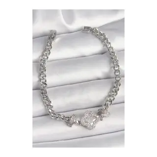 Pirinç Gümüş Renk Zirkon Taşlı Yonca Figür Zincir Model Kadın Bileklik
