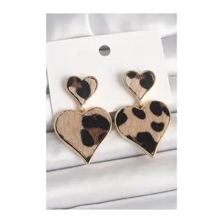 Pirinç Gold Renk Sallantı Leopar Kalp Model Kadın Küpe