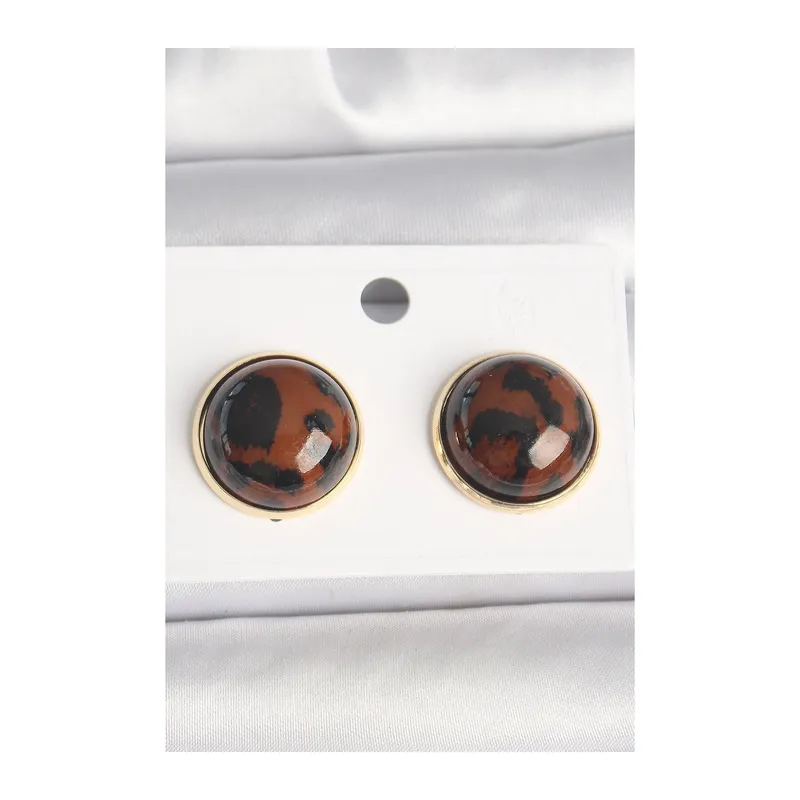 Pirinç Gold Renk 3D Daire Leopar Model Kadın Küpe