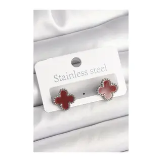 Pirinç Gümüş Renk Bordo Yonca Model Kadın Küpe