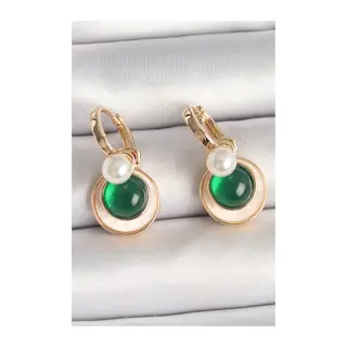 Pirinç Gold Renk Beyaz Yeşil Sallantı Mineli Kadın Küpe