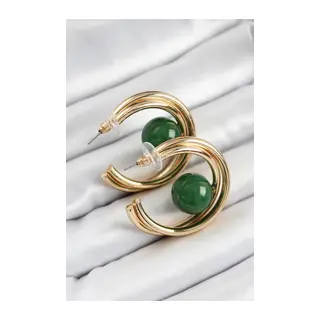 Pirinç Gold Renk Halka Model Yeşil Boncuk Detay Kadın Küpe
