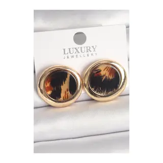 Pirinç Gold Renk Leopar Desen Daire Model Kadın Küpe