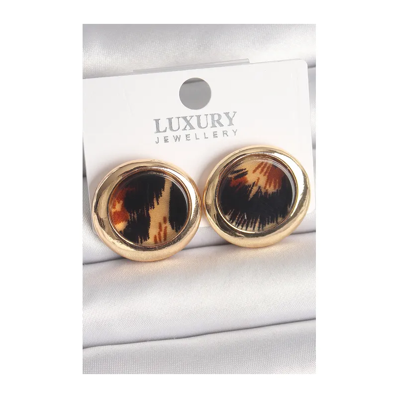 Pirinç Gold Renk Leopar Desen Daire Model Kadın Küpe